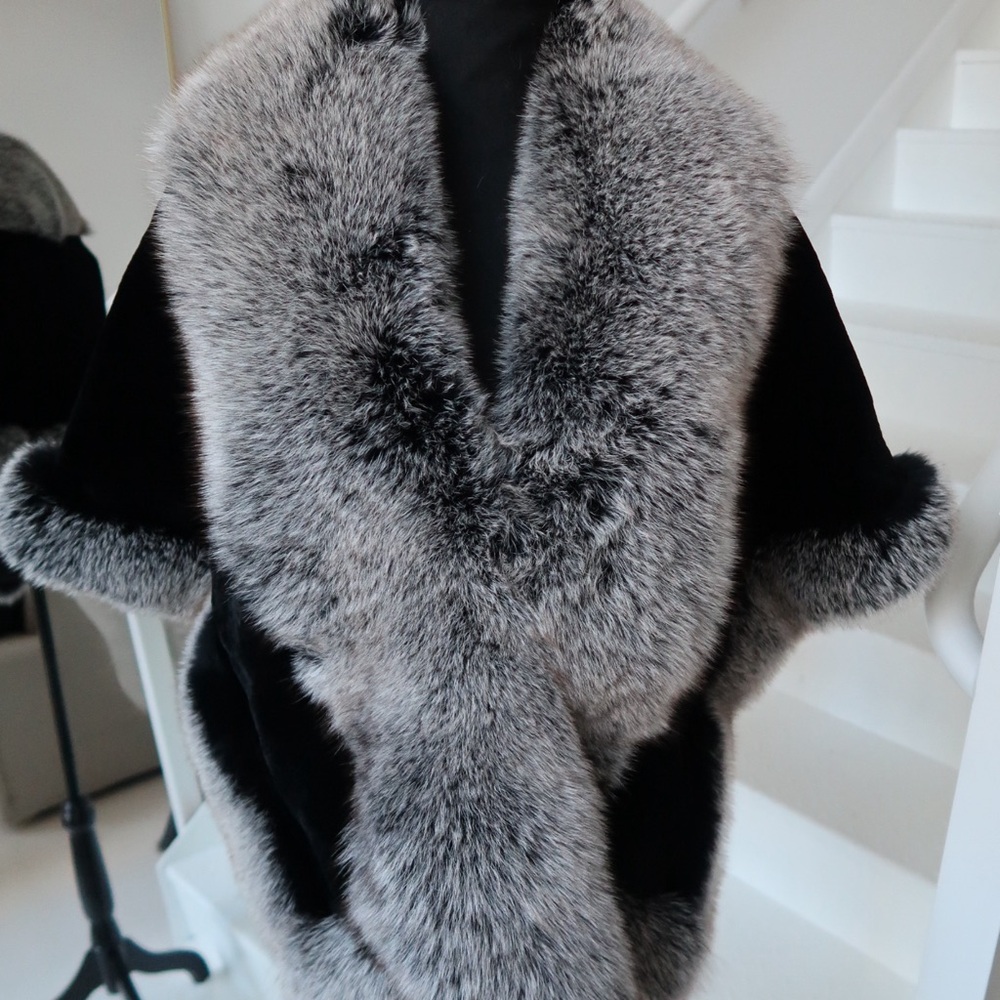 Gray and Black Fur Trimmed Cape